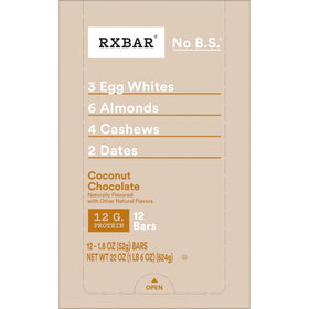 RXBAR Coconut Chocolate 12 bars in 22oz box, ready to stock pantry