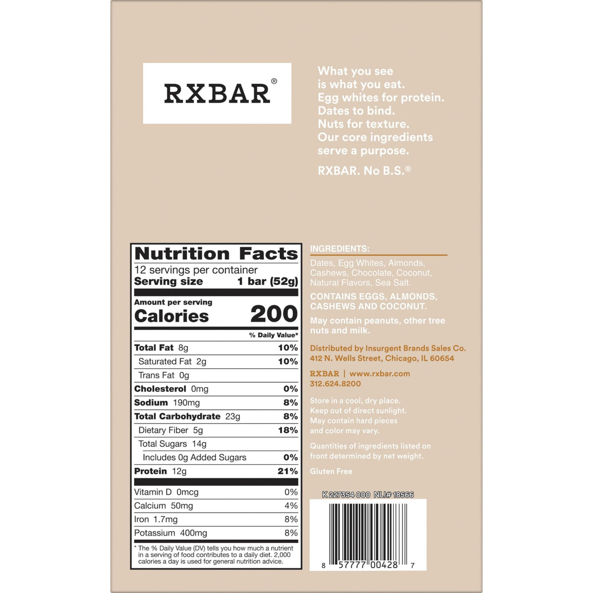 RXBAR Coconut Chocolate bar bite, texture and real ingredients on display