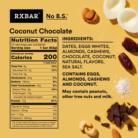 RXBAR Coconut Chocolate bar close-up reveals ingredients and texture for a protein-rich bite