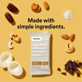 RXBAR Coconut Chocolate bar ingredients display featuring egg whites, nuts, and dates