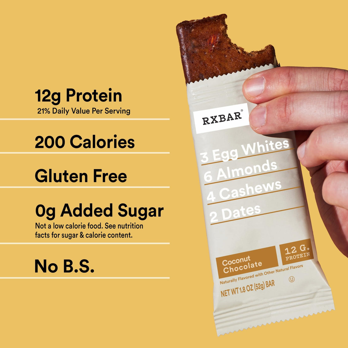 RXBAR Coconut Chocolate nutrition facts panel, 12g protein per bar