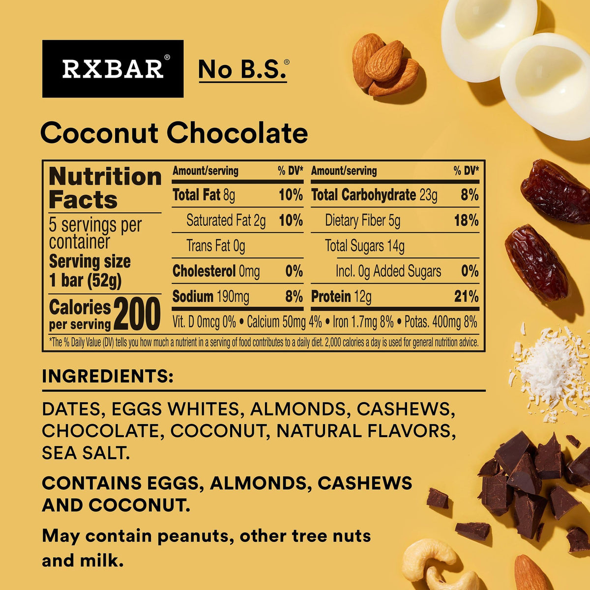 RXBAR Coconut Chocolate nutrition panel shows 12g protein per bar for energy