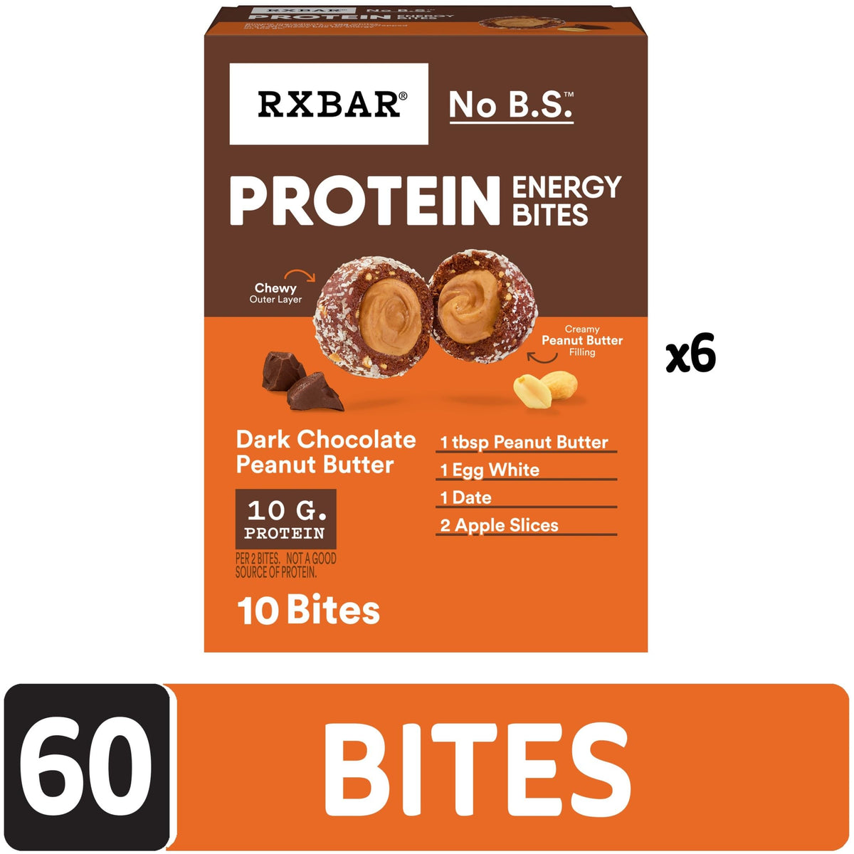 Close-up of RXBAR bite with chewy outer layer and creamy peanut butter filling.