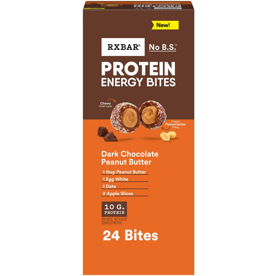 RXBAR Energy Bites box with dark chocolate peanut butter, convenient gluten-free snack