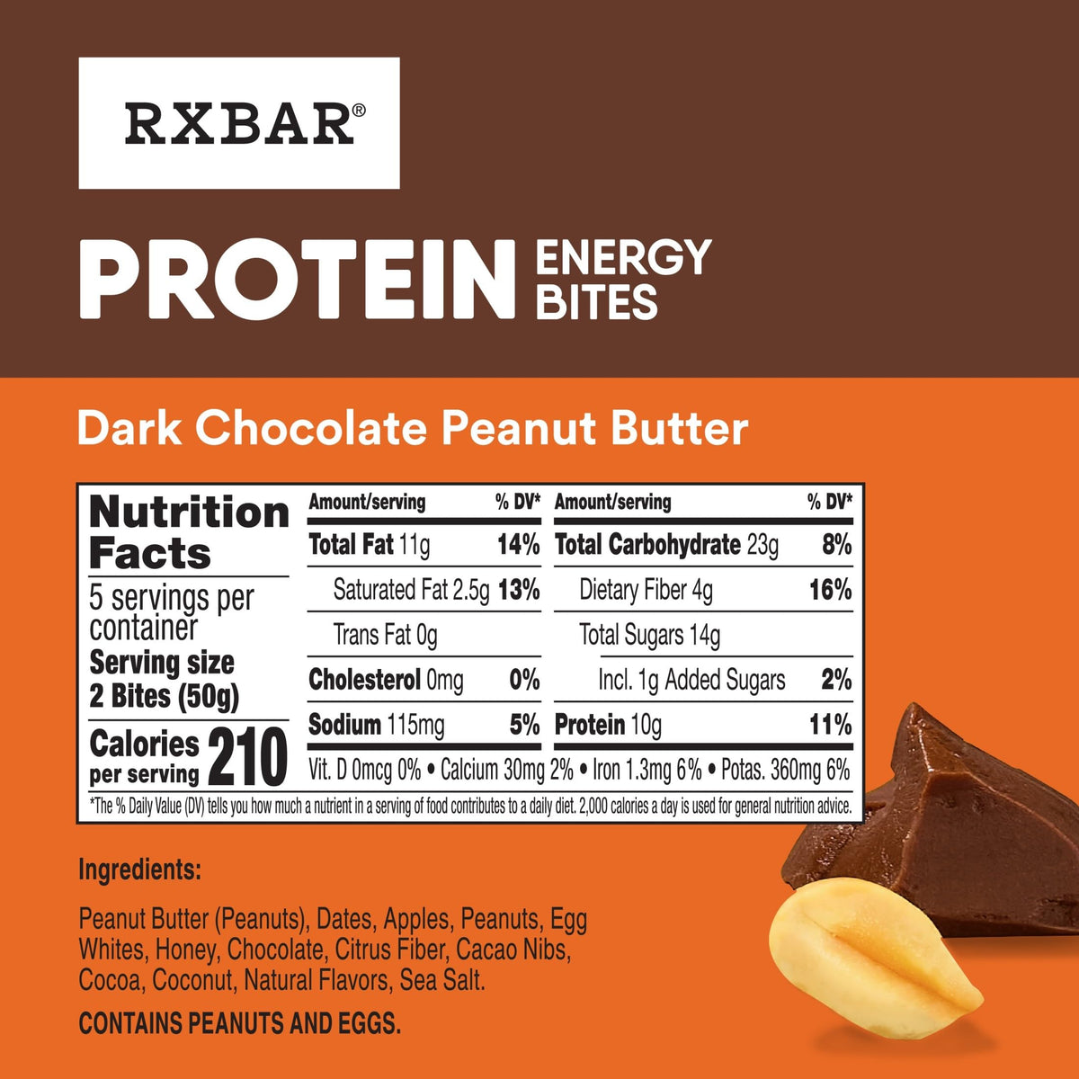 RXBAR energy bites ingredients list shows peanut butter, dates, and egg whites.
