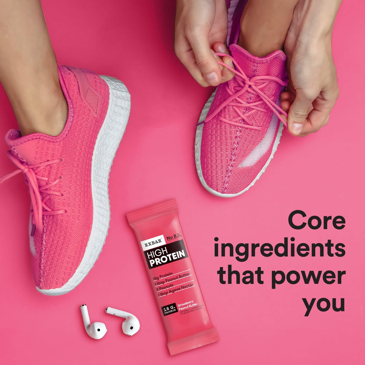 RXBAR High Protein bar shows strawberries and peanuts for flavor and crunch.