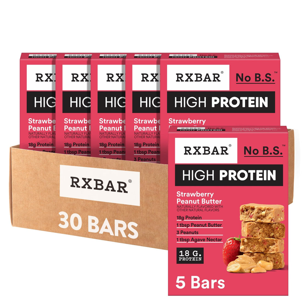 RXBAR high protein strawberry peanut butter bar with soft chewy texture for on the go snacking