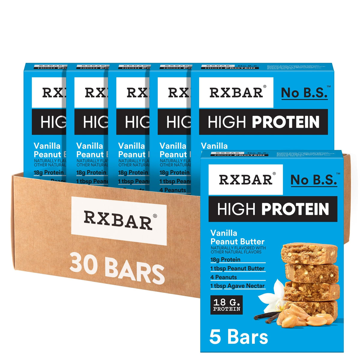 RXBAR High Protein Vanilla Peanut Butter bar close-up shows creamy texture and 18g protein.