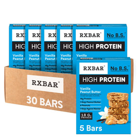 RXBAR High Protein Vanilla Peanut Butter bar close-up shows creamy texture and 18g protein.