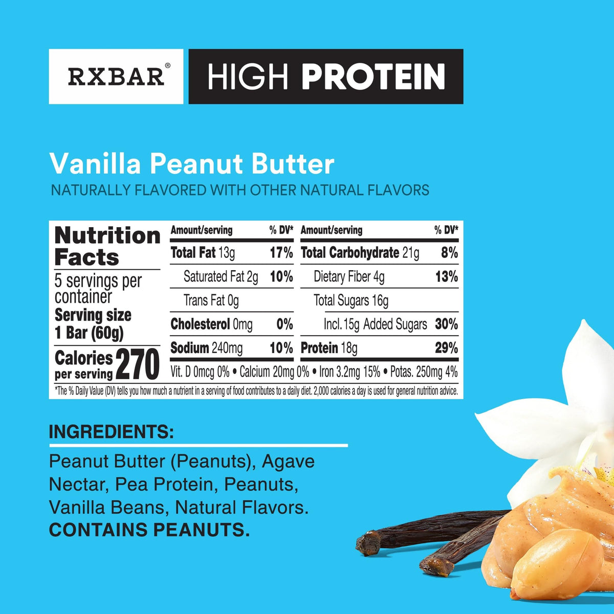 RXBAR High Protein Vanilla Peanut Butter bar on a shelf highlights gluten-free and vegan snack options.