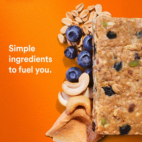 RXBAR ingredients close-up: oats, cashews, blueberries showcasing simple ingredients