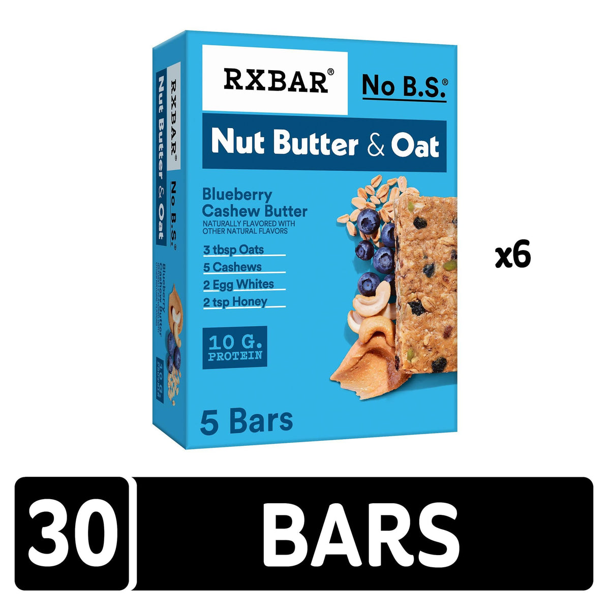 RXBAR ingredients display oats, honey, cashews, eggs for simple, recognizable components