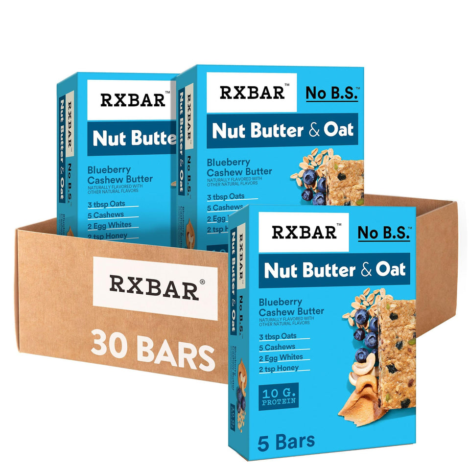 RXBAR Nut Butter and Oat Blueberry Cashew Butter bars packs for convenient on-the-go energy
