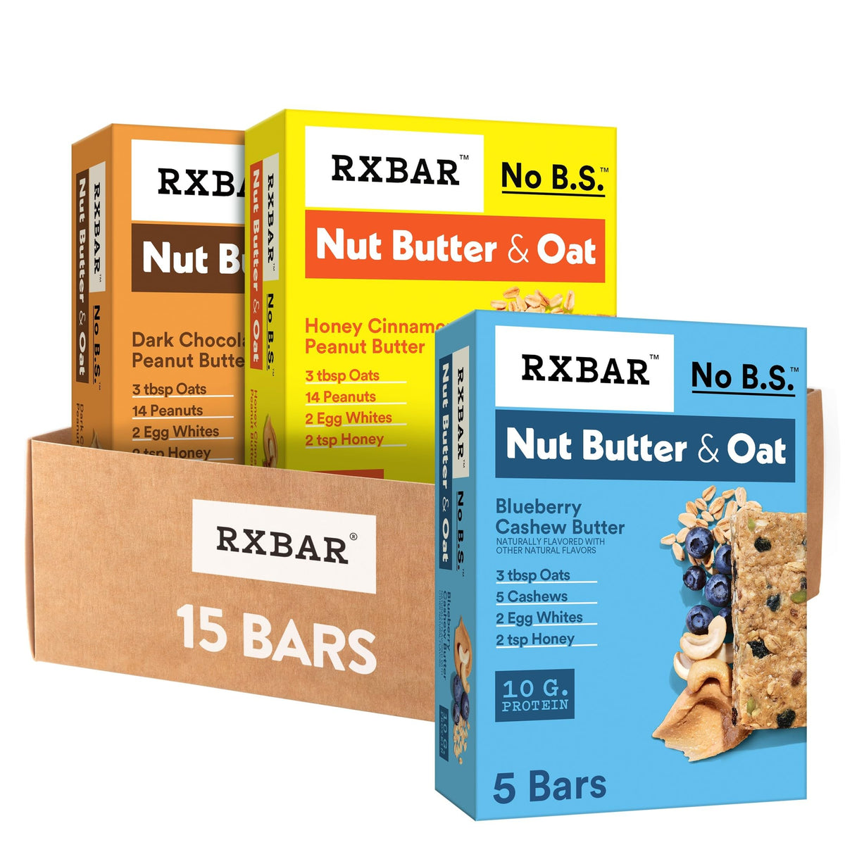 RXBAR Nut Butter and Oat Blueberry Cashew bar close-up, high-protein snack for busy days