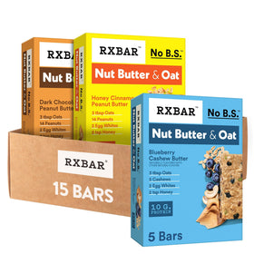 RXBAR Nut Butter and Oat Blueberry Cashew bar close-up, high-protein snack for busy days