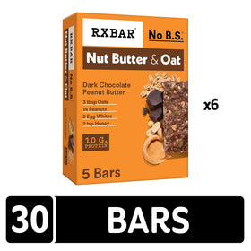 RXBAR Nut Butter and Oat Dark Chocolate Bar break reveals soft-crisp texture.
