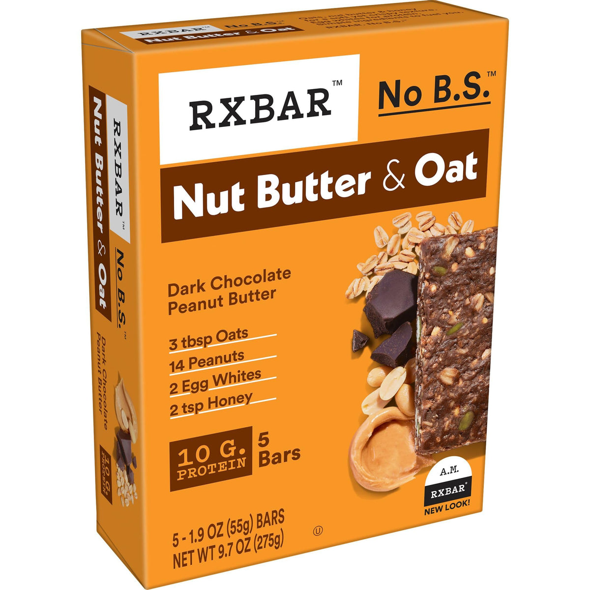 RXBAR Nut Butter and Oat Dark Chocolate Bar on a tray for quick snacks.