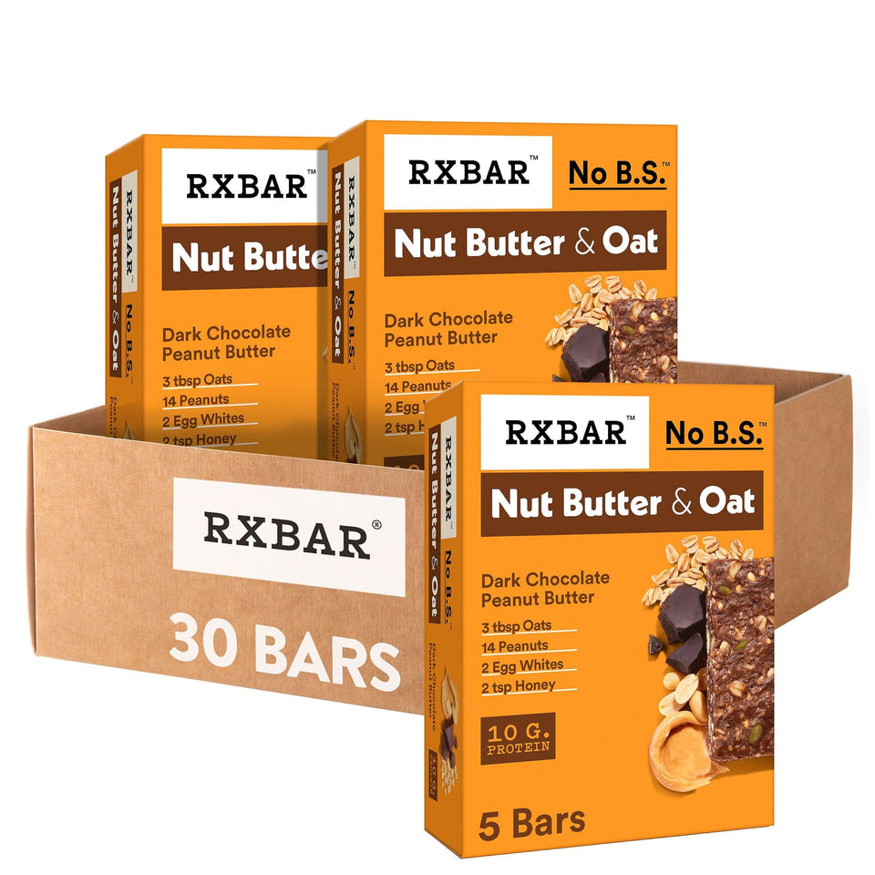 RXBAR Nut Butter and Oat Dark Chocolate Bar pack, ideal for on-the-go protein.