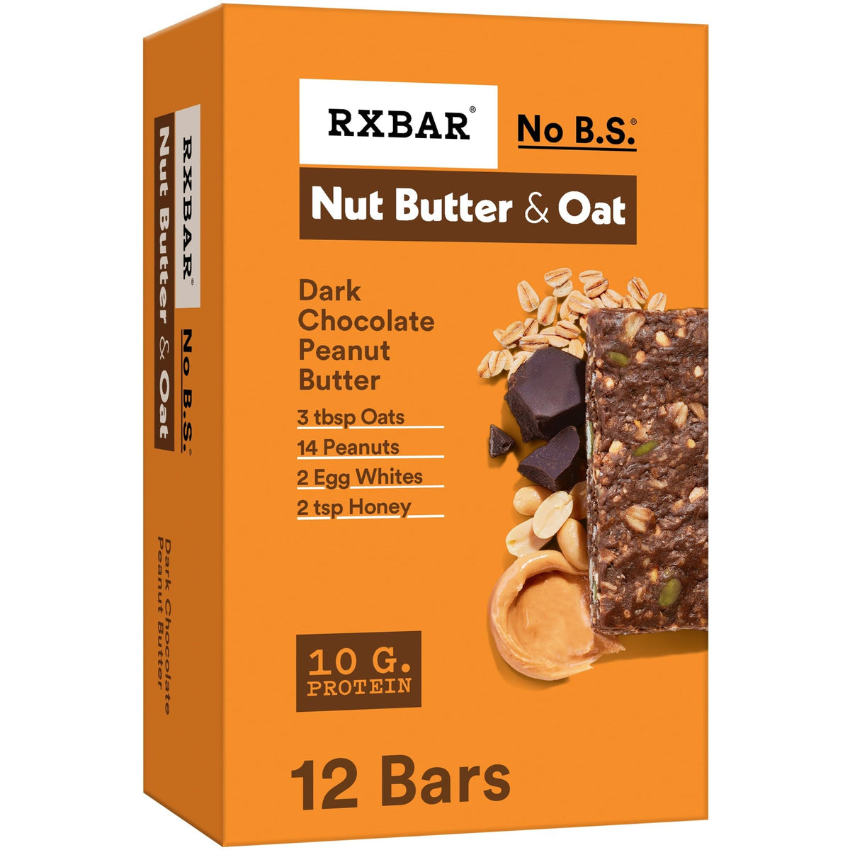 RXBAR Nut Butter and Oat Dark Chocolate Peanut Butter Bar close-up, protein-packed snack
