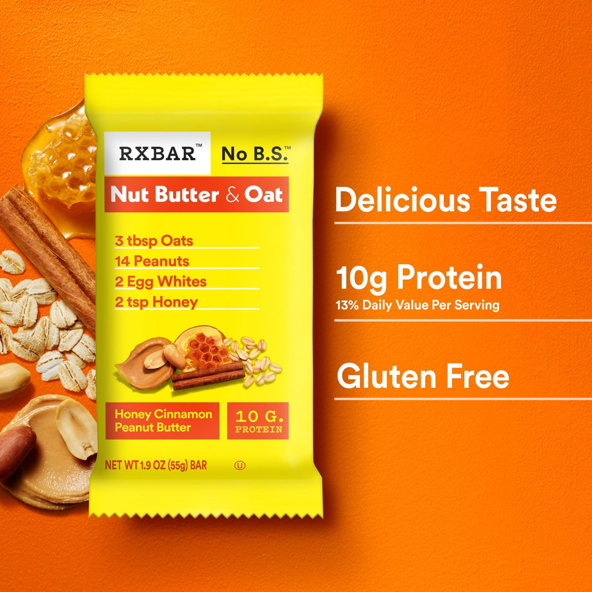 RXBAR nutrition panel close-up notes 10g protein per bar.