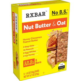 RXBAR Nut Butter and Oat bar gluten-free and whole grain-rich claim visible.