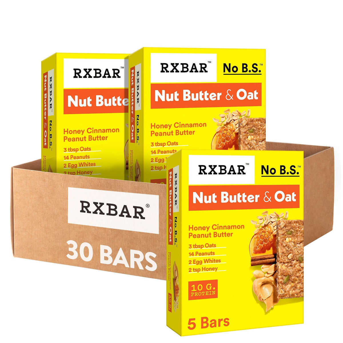 RXBAR Nut Butter and Oat bar packaging highlights simple ingredients and 10g protein.