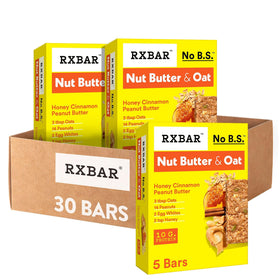 RXBAR Nut Butter and Oat bar packaging highlights simple ingredients and 10g protein.