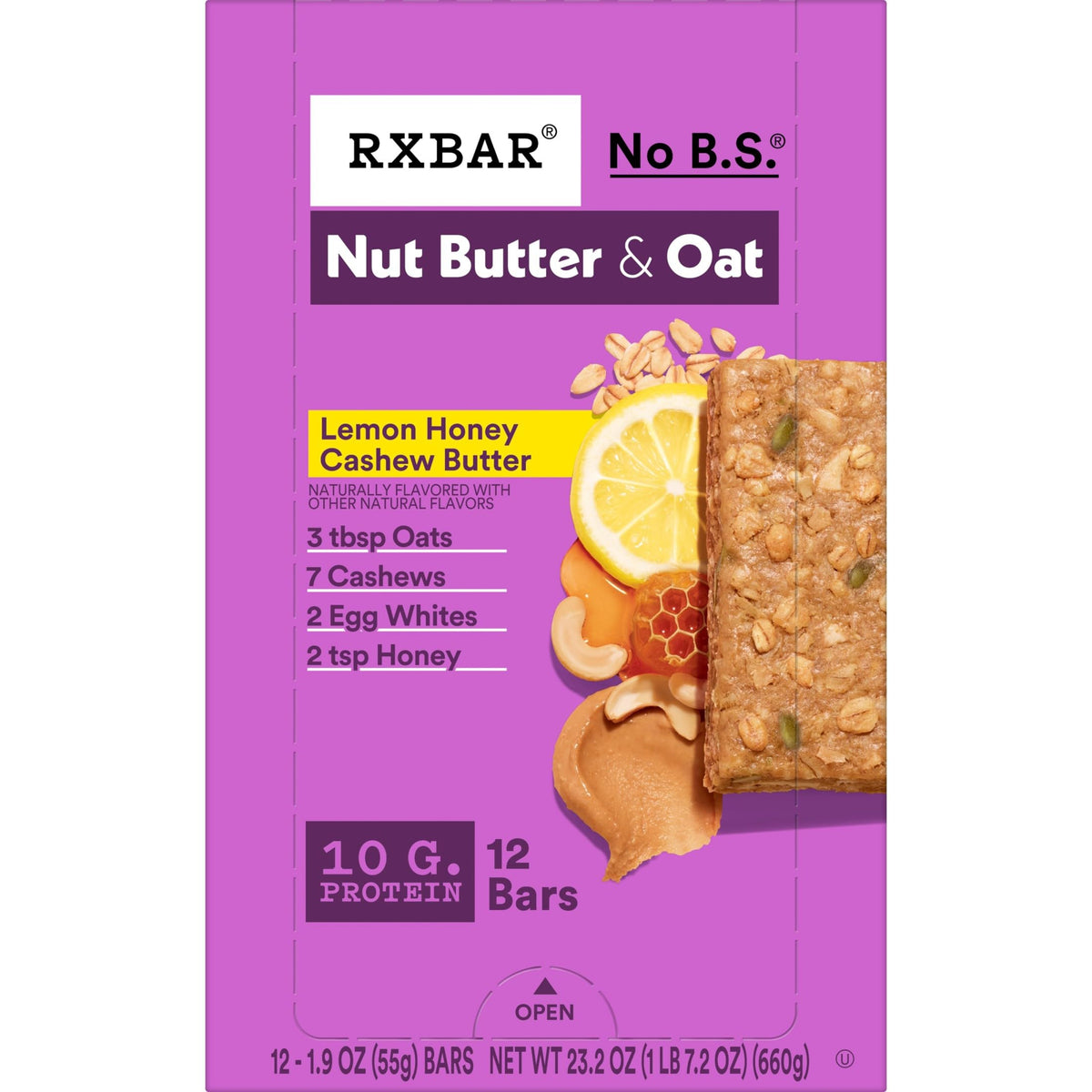 RXBAR Nut Butter and Oat Lemon Honey Cashew box with 12 bars