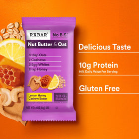 Close-up of RXBAR Nut Butter and Oat Lemon Honey Cashew bar ingredients