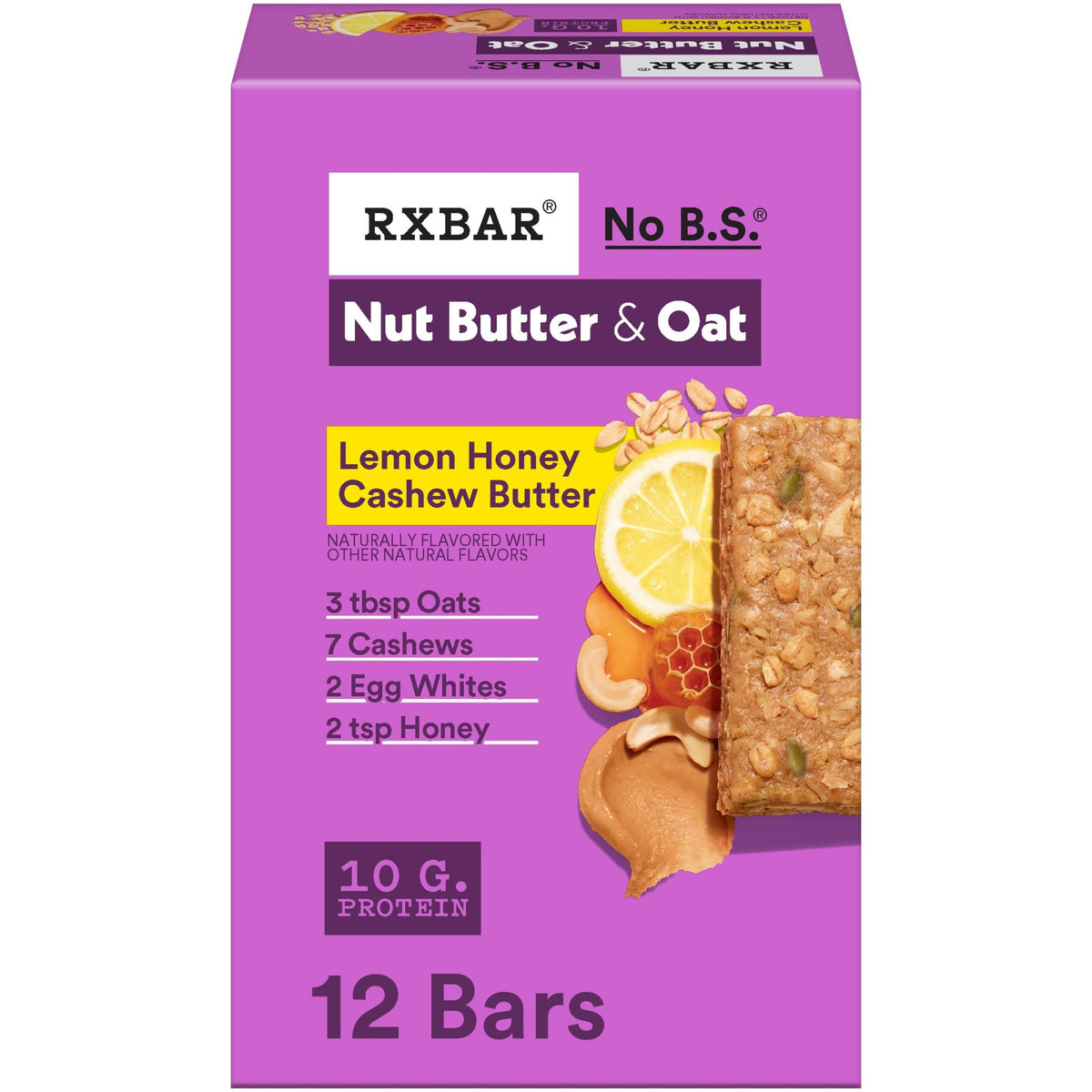 RXBAR Nut Butter and Oat Lemon Honey Cashew packaging, a quick grab-and-go snack