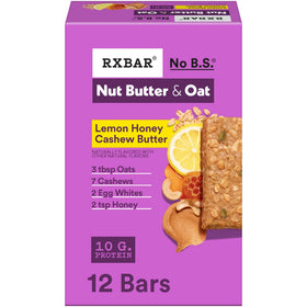 RXBAR Nut Butter and Oat Lemon Honey Cashew packaging, a quick grab-and-go snack