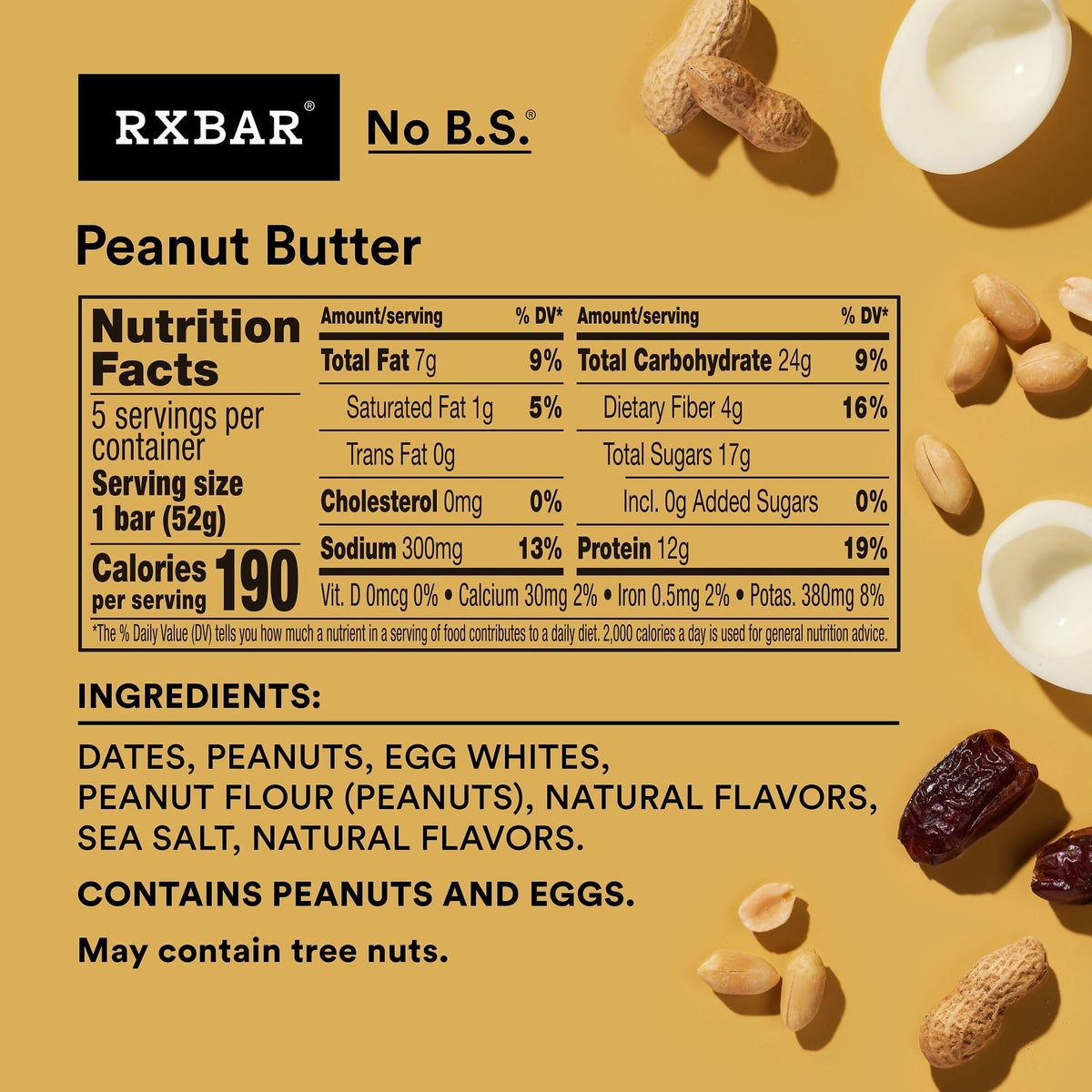 RXBAR Peanut Butter Bar packaging highlights 12g protein and gluten-free snack.