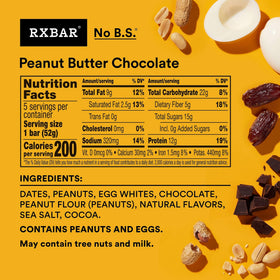 RXBAR Peanut Butter Chocolate bar close-up texture shows nuts and chocolate crunch