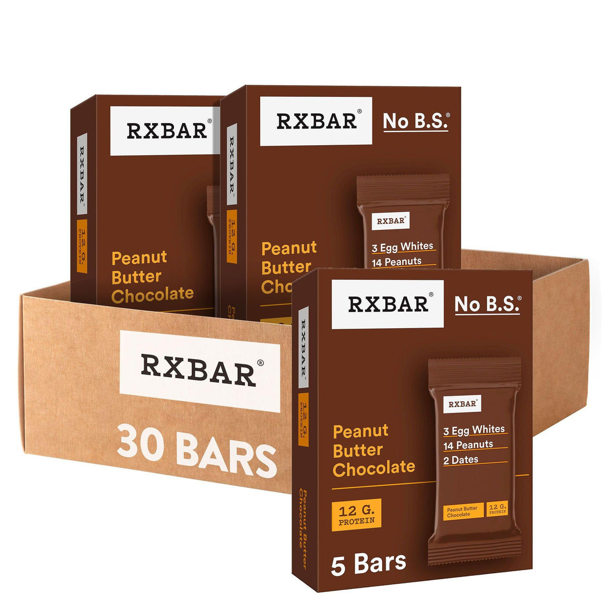 RXBAR Peanut Butter Chocolate packaging highlights real ingredients for quick energy
