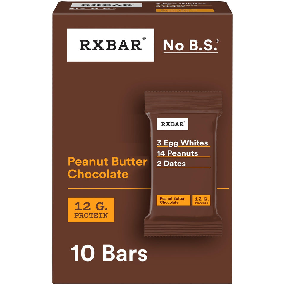 RXBAR Peanut Butter Chocolate bar front view highlighting clean ingredients for a quick protein boost.