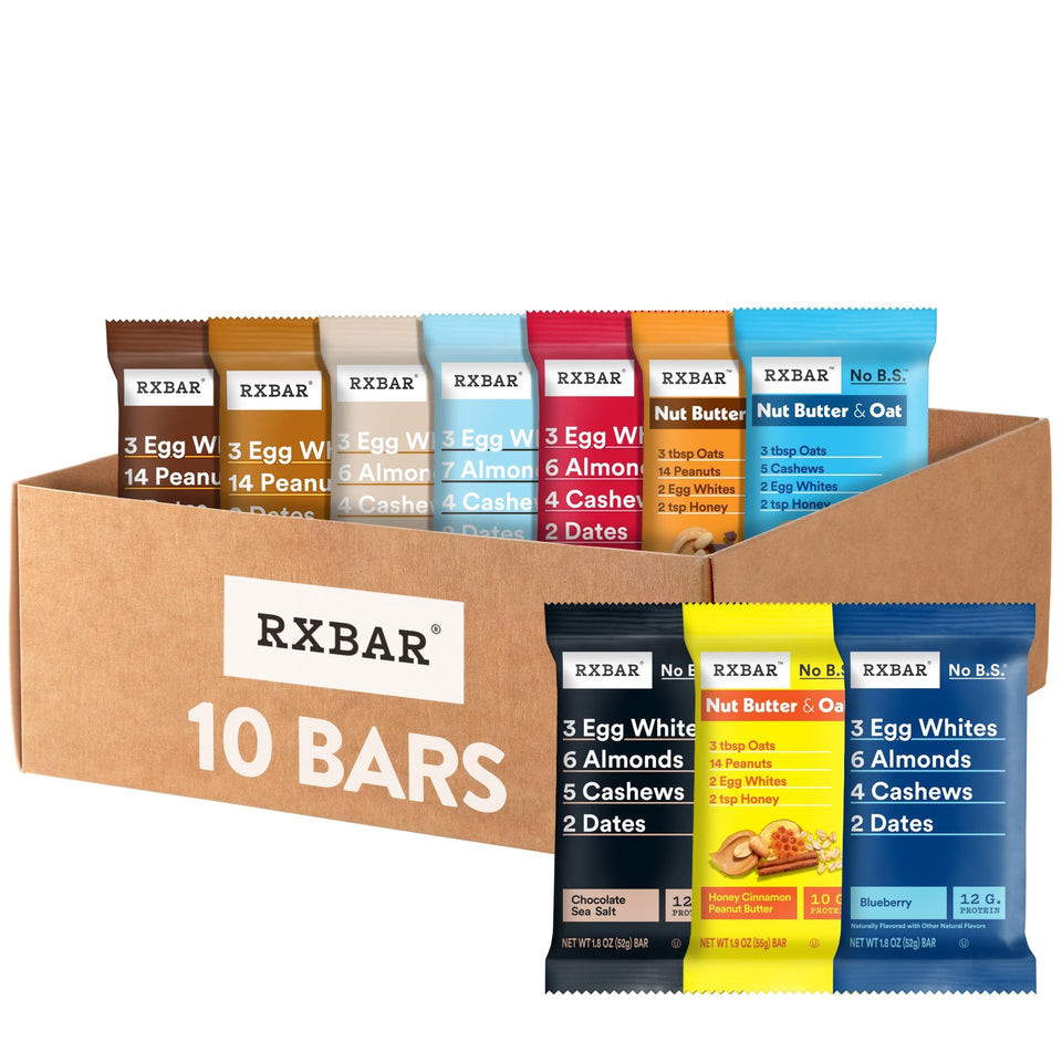 RXBAR Protein Bars Variety Pack front view shows simple ingredients for a fuel-friendly snack.