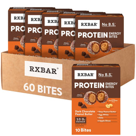 RXBAR Protein Energy Bites packaging highlights dark chocolate peanut butter for on-the-go protein.