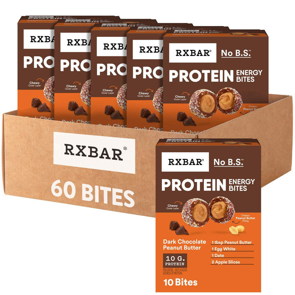 RXBAR Protein Energy Bites packaging highlights dark chocolate peanut butter for on-the-go protein.