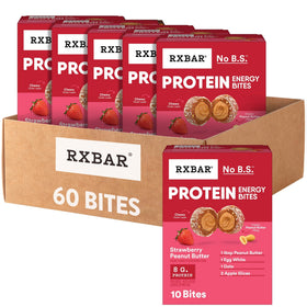 RXBAR Protein Energy Bites packaging shows strawberry peanut butter for on-the-go energy.