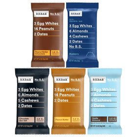 RXBAR Real Food Protein Bar assorted pack box shows six flavors for versatile snacking