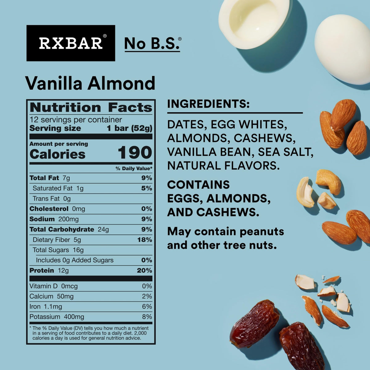 RXBAR Vanilla Almond bar ingredients closeup shows almonds, dates and egg whites