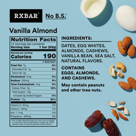 RXBAR Vanilla Almond bar ingredients closeup shows almonds, dates and egg whites