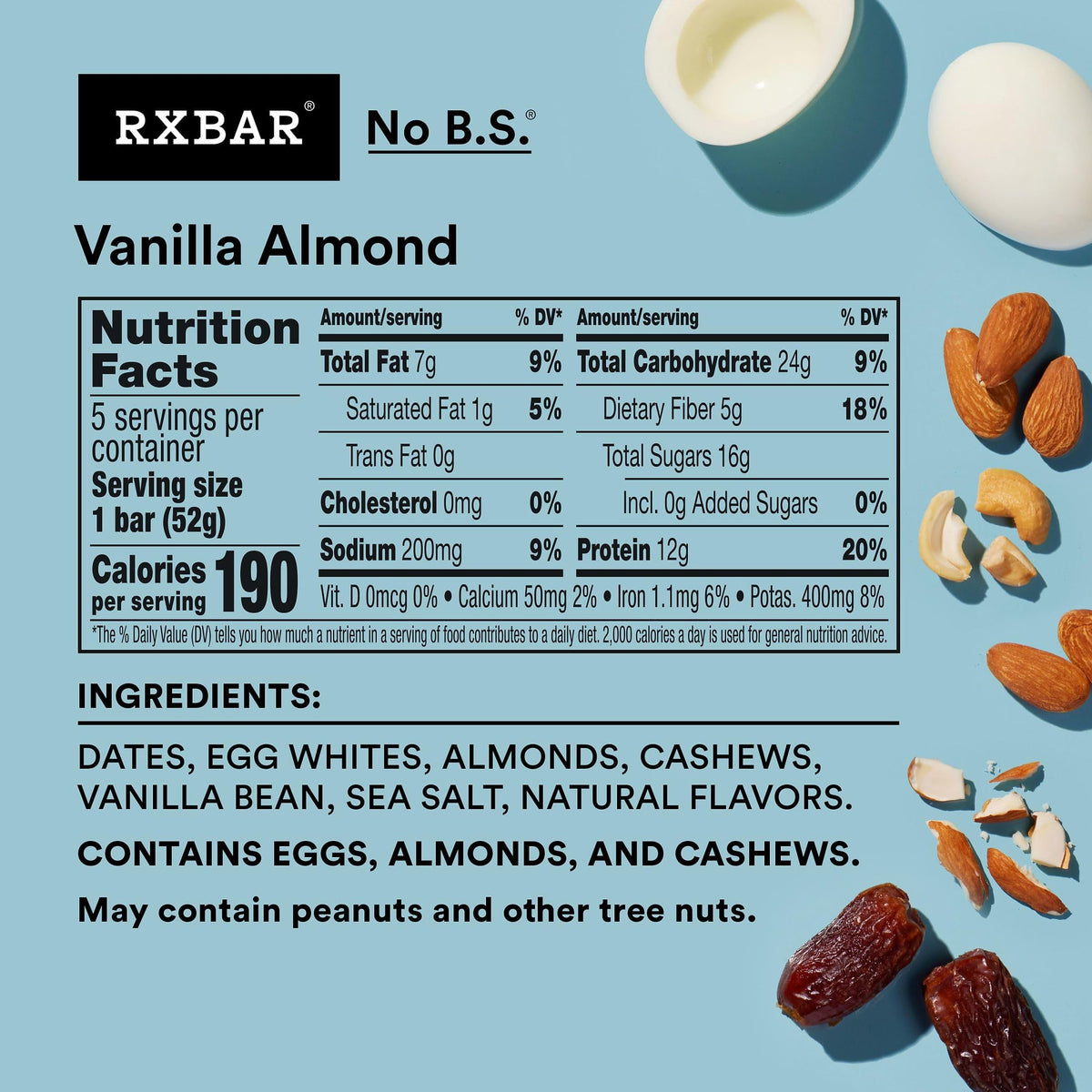 RXBAR Vanilla Almond ingredients close-up with almonds, cashews, egg whites, and dates