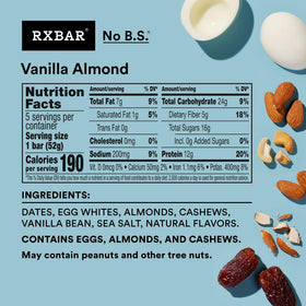 RXBAR Vanilla Almond ingredients close-up with almonds, cashews, egg whites, and dates