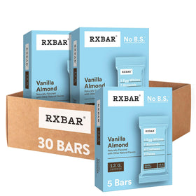 RXBAR Vanilla Almond packaging shows six boxes for on-the-go energy