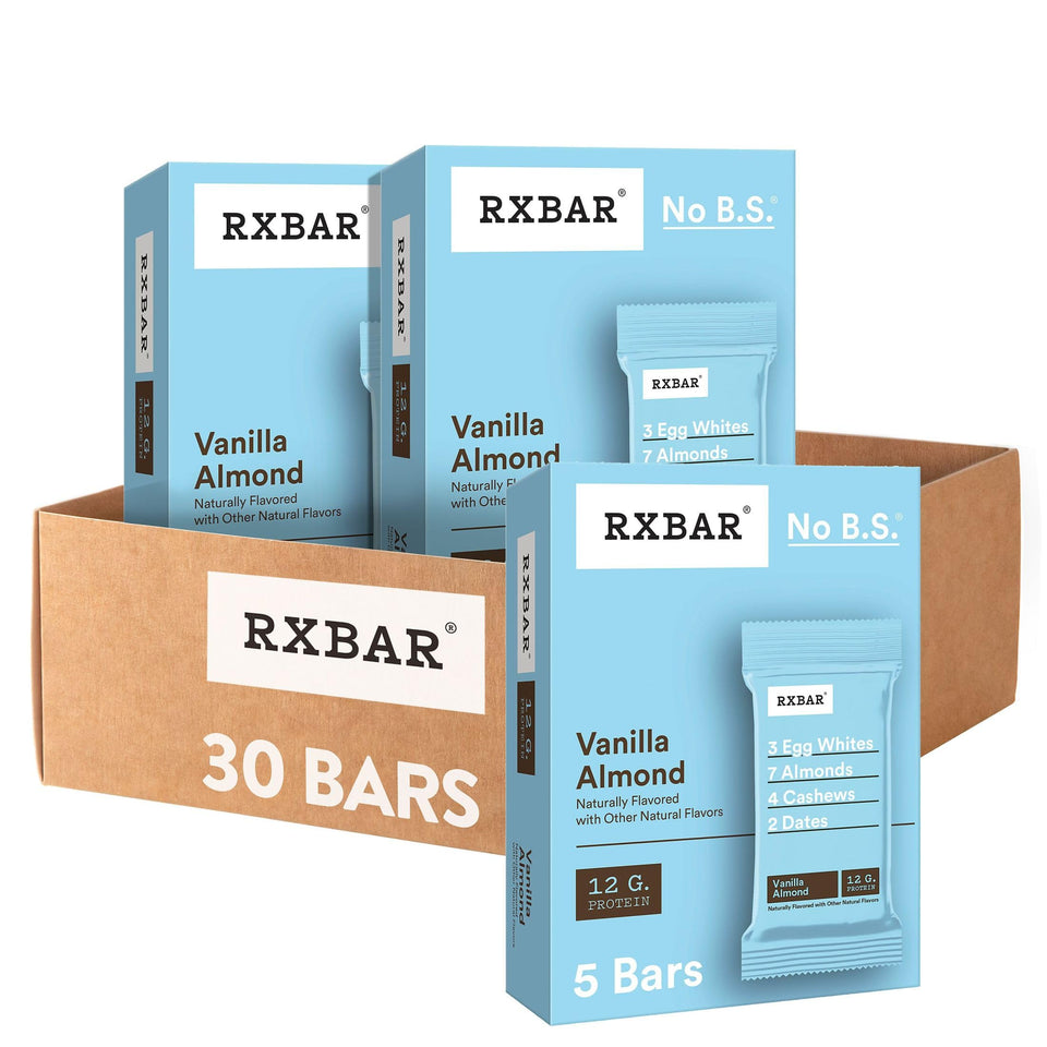 RXBAR Vanilla Almond packaging shows six boxes for on-the-go energy