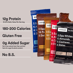 RXBAR Variety Pack Box showing five flavors for versatile snacking.