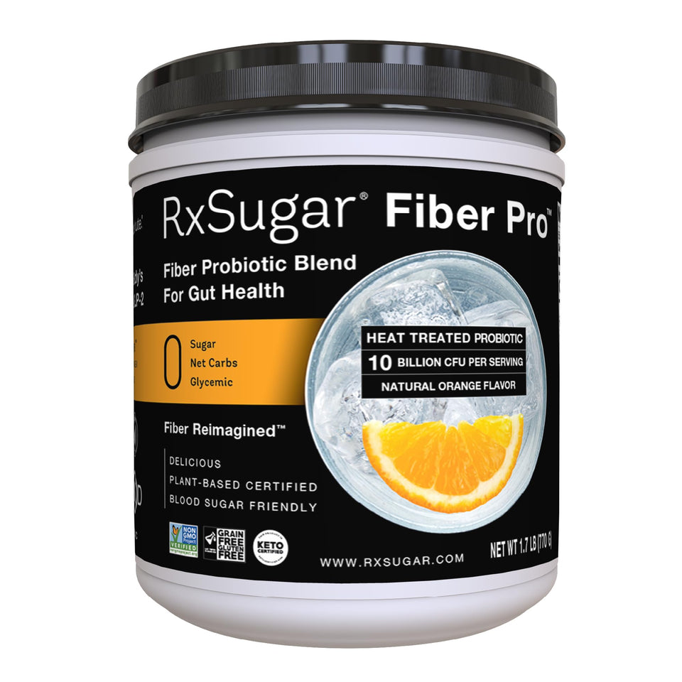 RxSugar Fiber Pro bottle front view with orange flavor for gut health