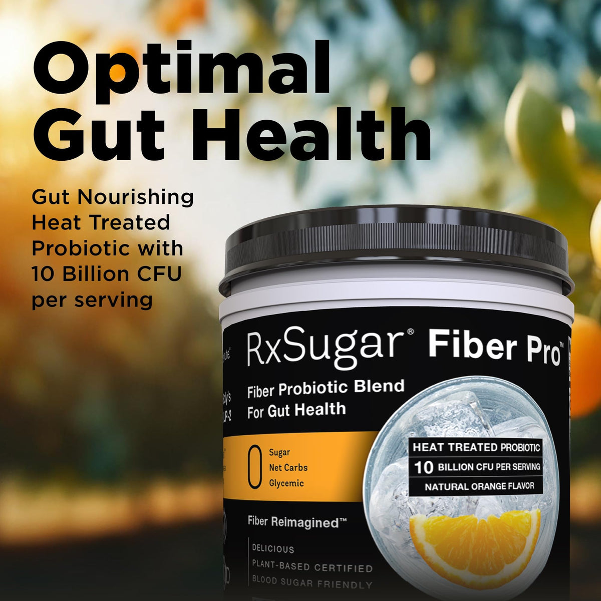 RxSugar Fiber Pro bottle pouring into glass showing convenient mix for meals