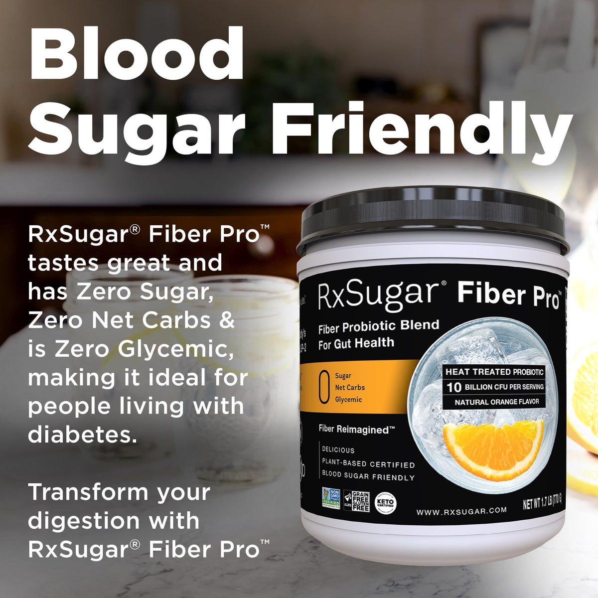 RxSugar Fiber Pro close-up label shows zero sugar and dye-free formula